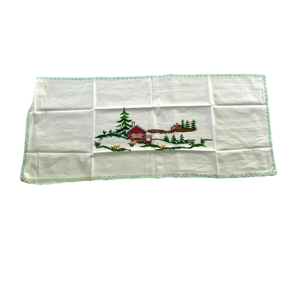 Vintage Handmade Table Runner Embroidered Cabin Rustic Farmhouse Crochet